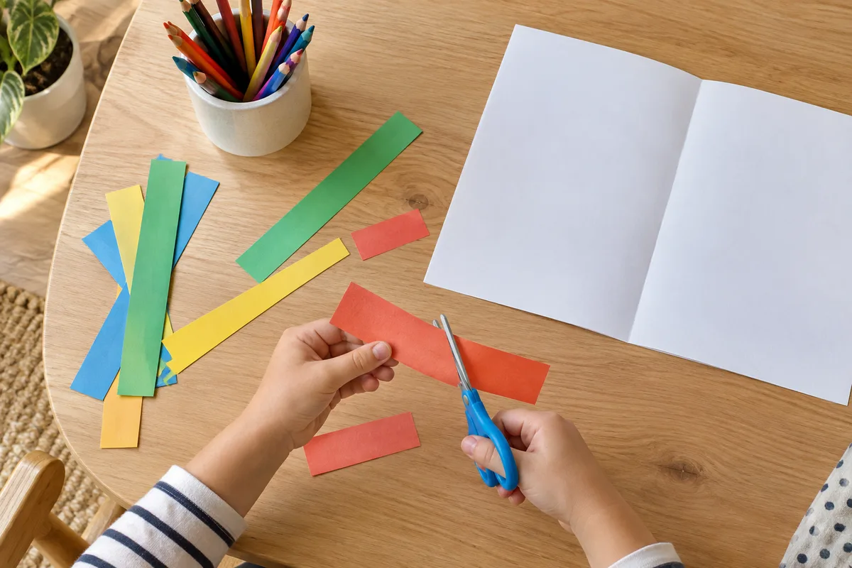 Mains d’un enfant qui découpent des bandes de papier de couleur pour fabriquer un journal de famille sur une table en bois