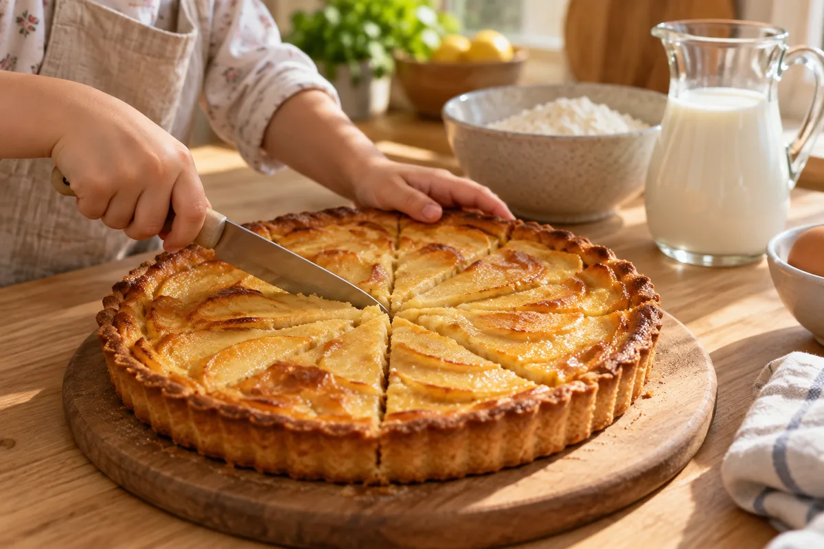 Mains d’un enfant qui partagent une tarte en parts égales sur un plan de travail de cuisine en bois clair
