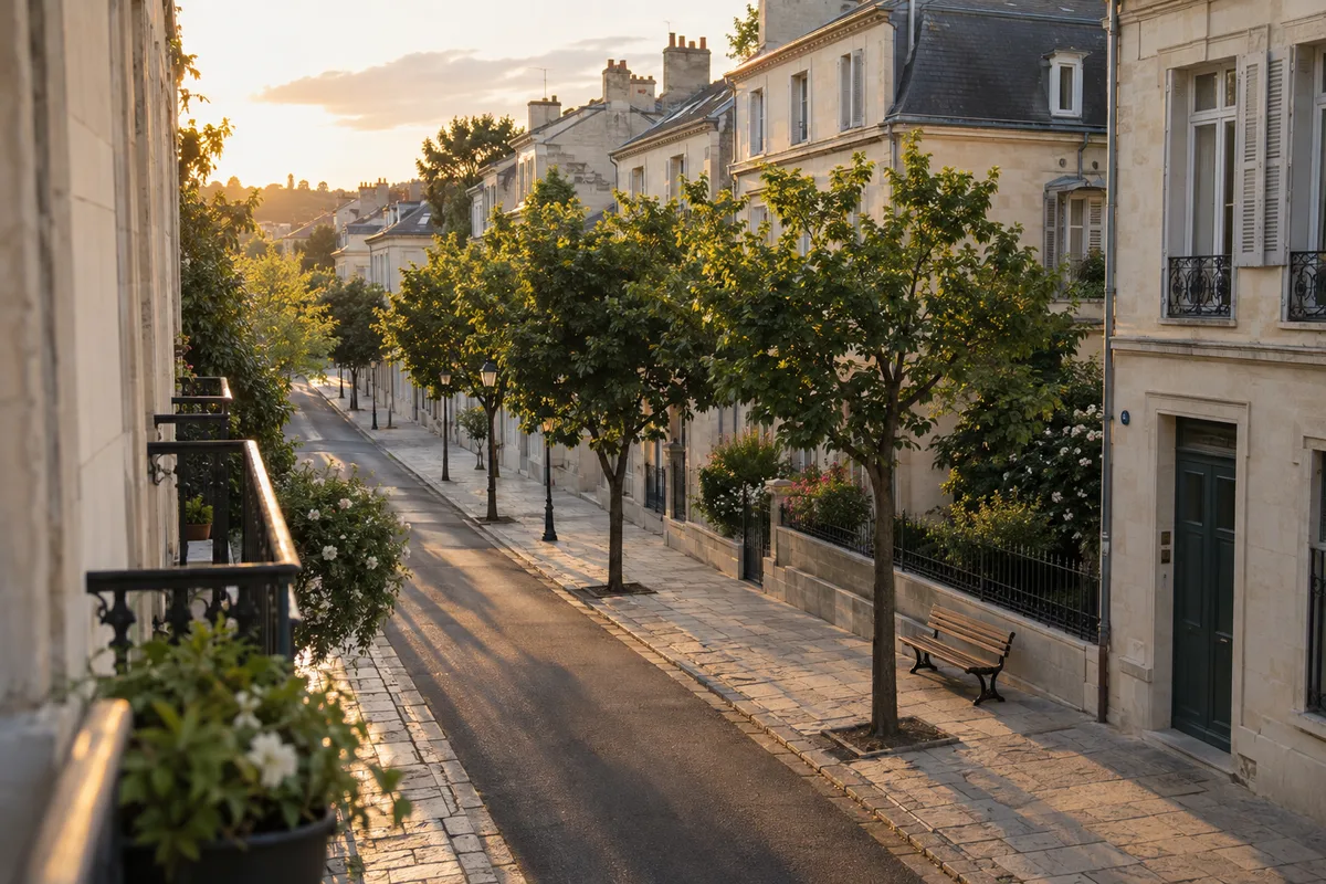 Rue résidentielle calme photographiée depuis un balcon, avec son trottoir pavé et ses arbres alignés