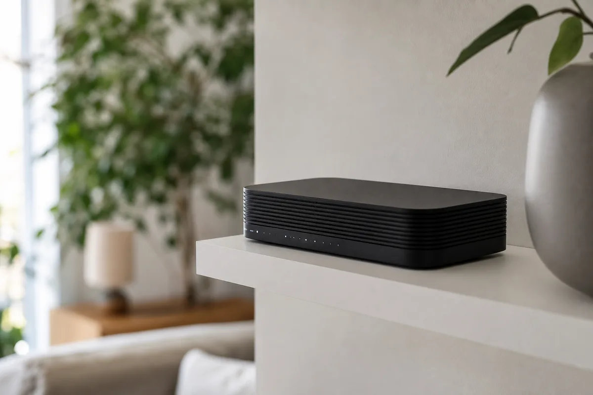 Box internet posée en hauteur sur une étagère dégagée dans un salon lumineux