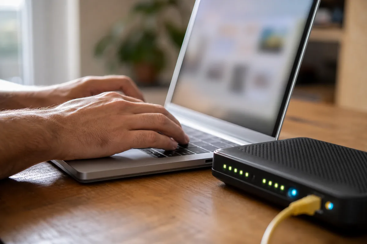Mains réglant les paramètres wifi d&rsquo;une box internet depuis un ordinateur portable