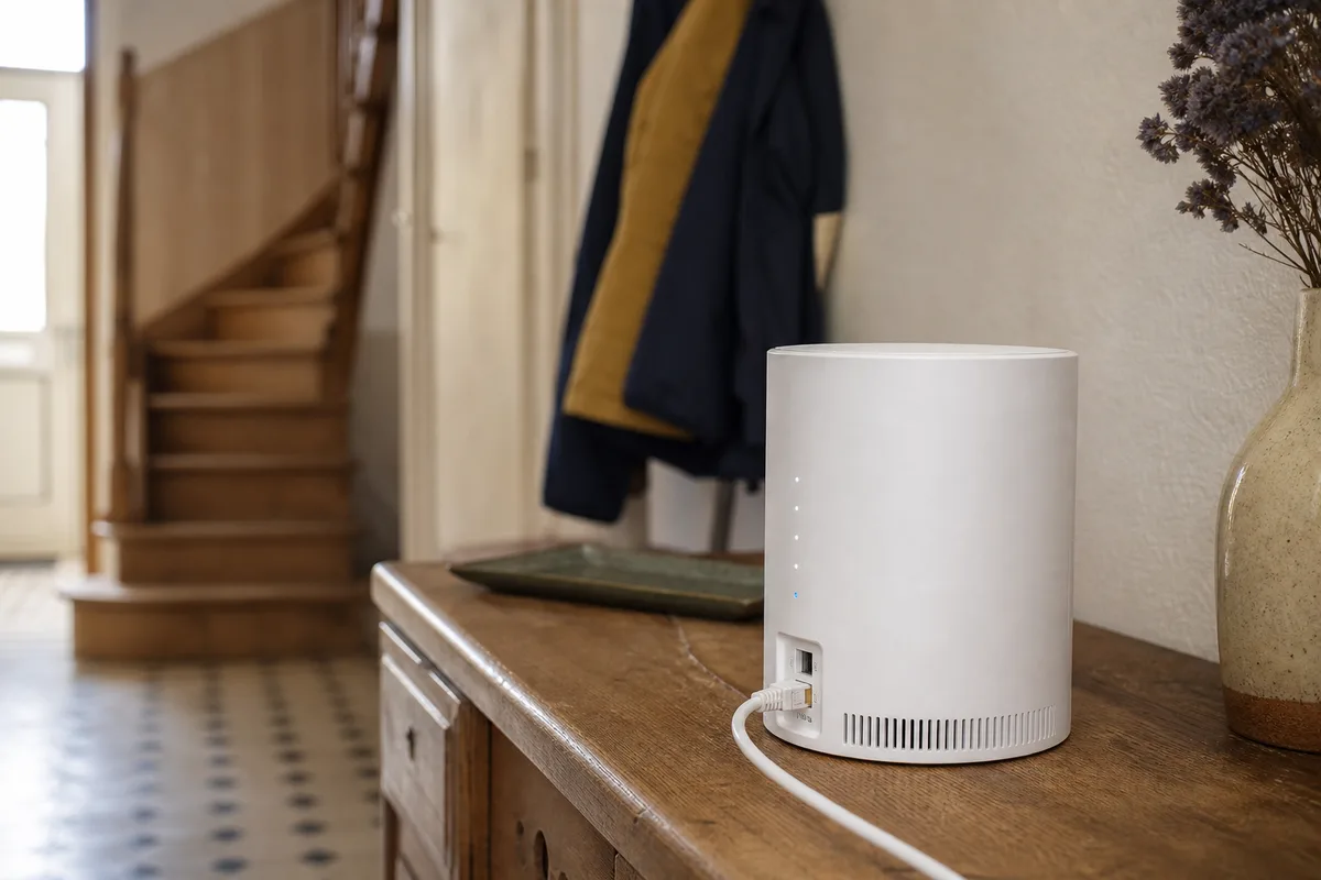 Borne wifi mesh posée sur un meuble dans un couloir de maison familiale