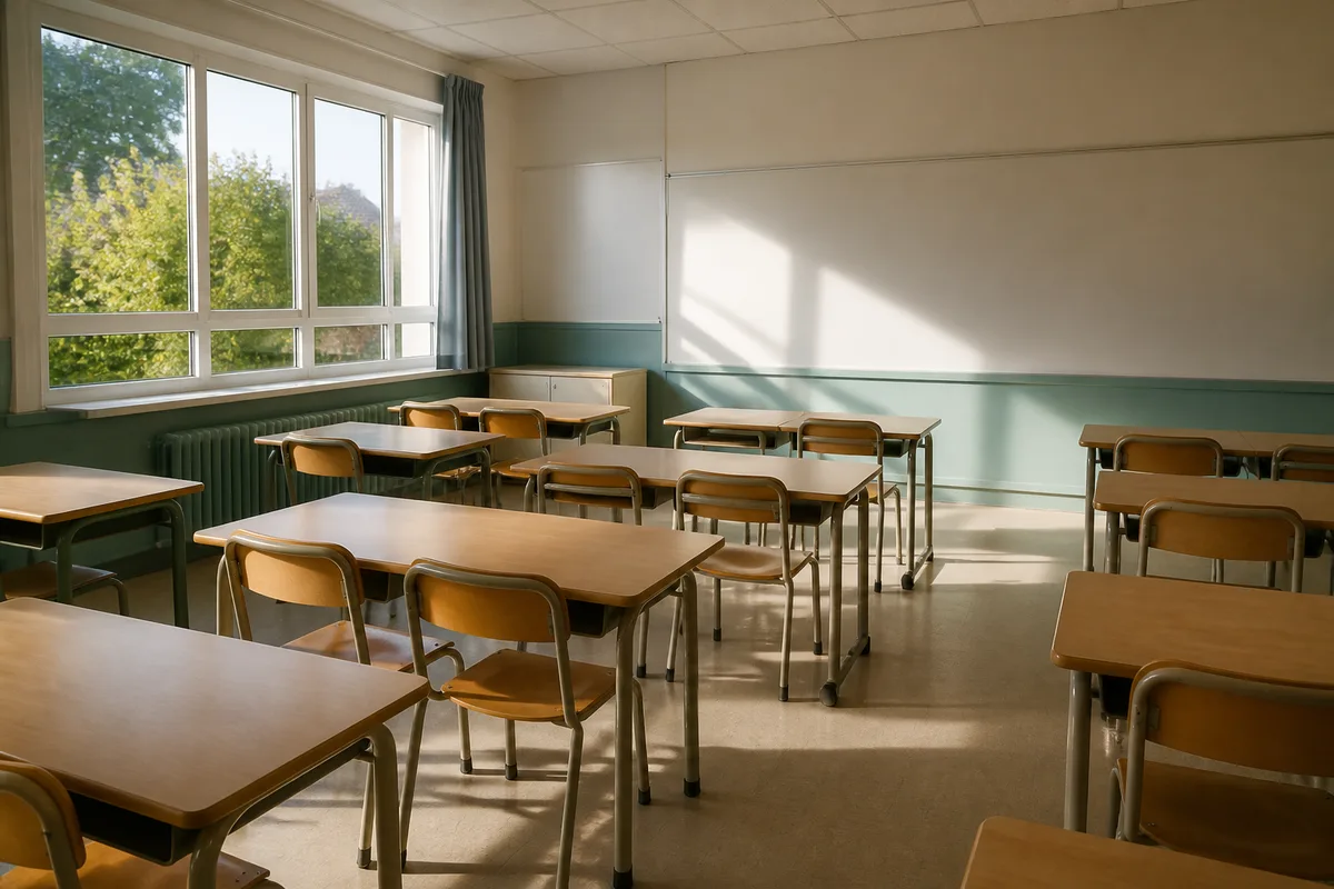Salle de classe vide d&rsquo;école primaire française, tables en bois clair, petites chaises rangées, lumière rasante du matin par une grande fenêtre