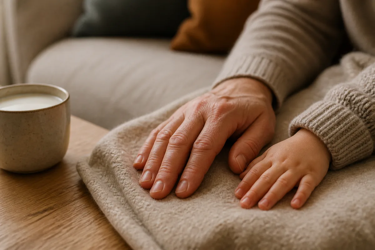 Mains d&rsquo;un adulte et d&rsquo;un enfant posées sur un plaid en laine uni, tasse de lait à côté, canapé en tissu, lumière chaude de fin de journée