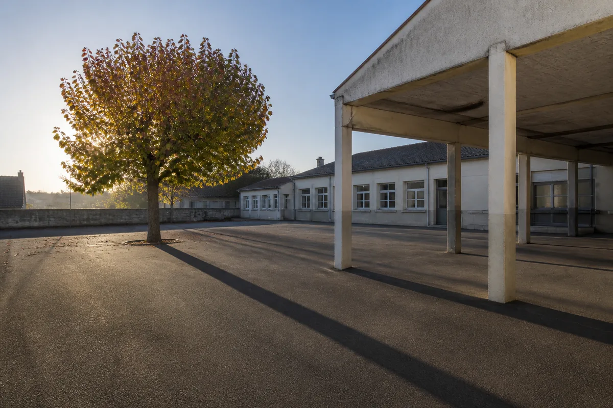 Cour d&rsquo;école primaire française déserte au petit matin, préau en béton, arbre isolé, lumière rasante d&rsquo;automne