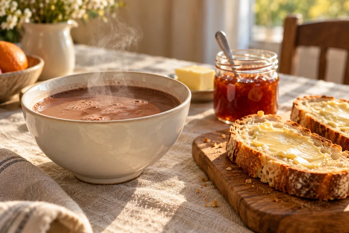 Bol de chocolat chaud et tartines sur la table du petit-déjeuner, premier repère de la journée