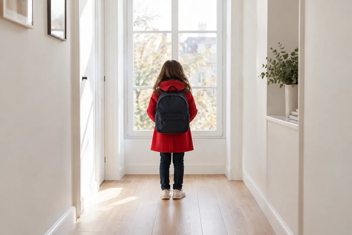Enfant vu de dos avec son cartable, prêt à partir devant la fenêtre d’un couloir lumineux