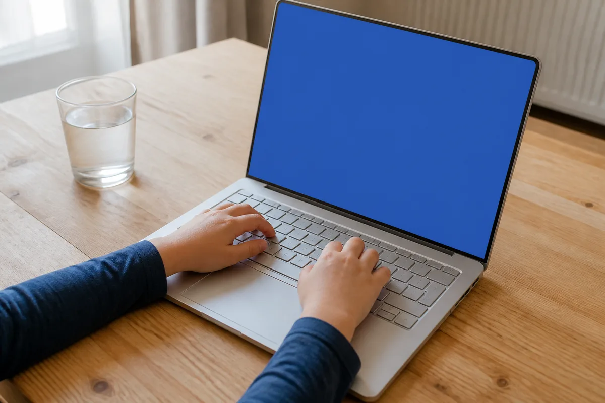 Mains d’enfant posées sur le clavier d’un ordinateur portable sur une table en bois clair