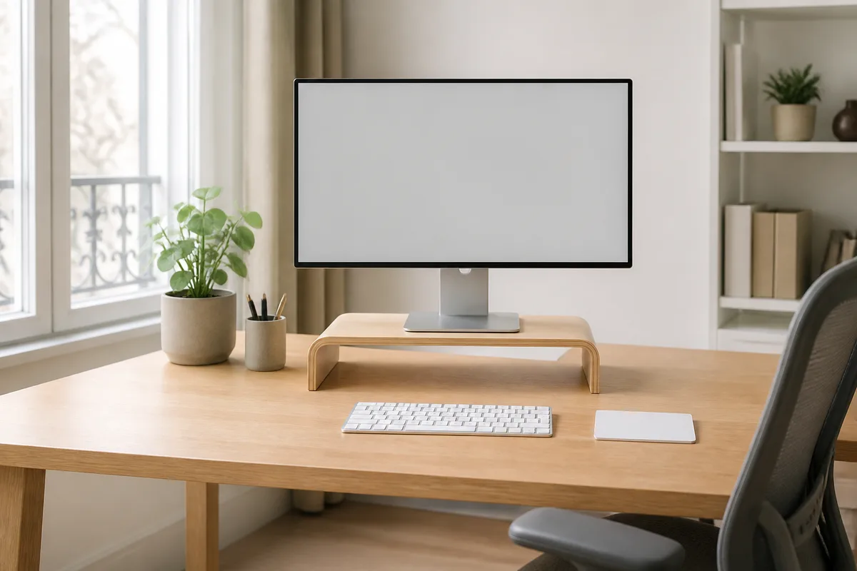 Poste de travail avec clavier externe, écran surélevé et lumière naturelle venant d’une fenêtre