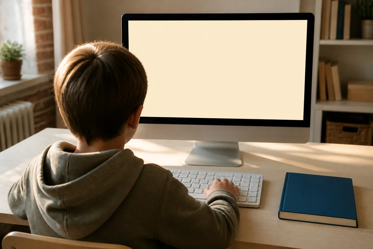 Enfant vu de dos devant un bureau clair, mains sur un clavier, carnet fermé à côté