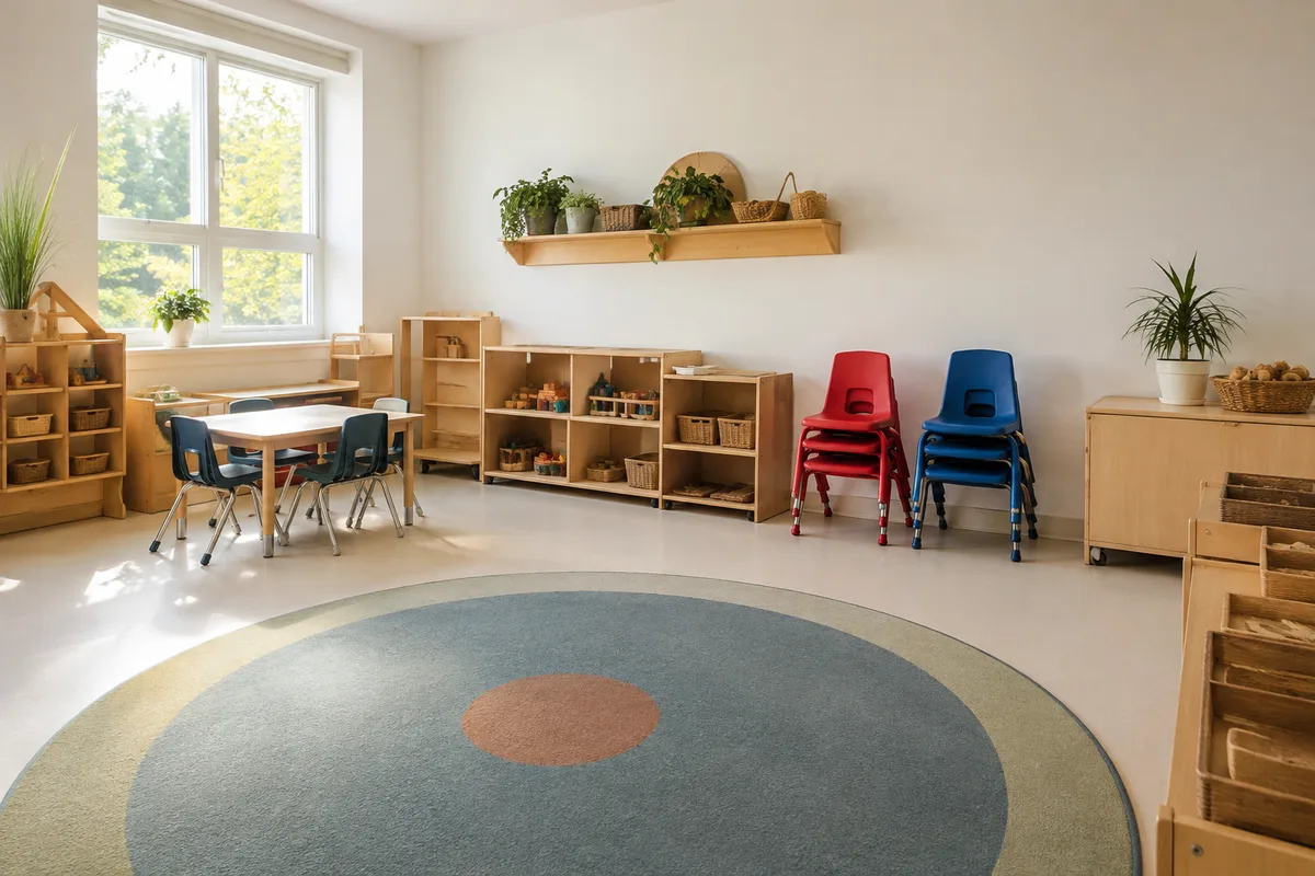 Salle de classe de maternelle vide, petites chaises colorées empilées, tapis de regroupement, lumière du matin par une grande fenêtre