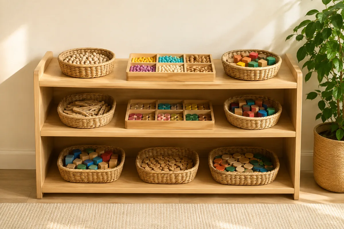 Étagère basse en bois d’une classe de maternelle portant des bacs de perles, cubes et pinces, mur crème, plante verte, lumière latérale