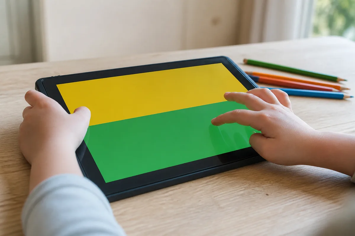 Mains d’enfant posées sur une tablette affichant des aplats de couleur, sur une table en bois clair