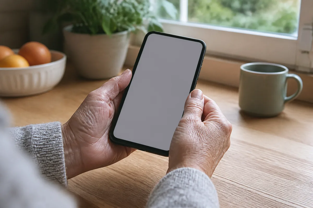 Mains d’une personne âgée tenant un téléphone mobile près d’une fenêtre de cuisine, écran affichant une surface unie