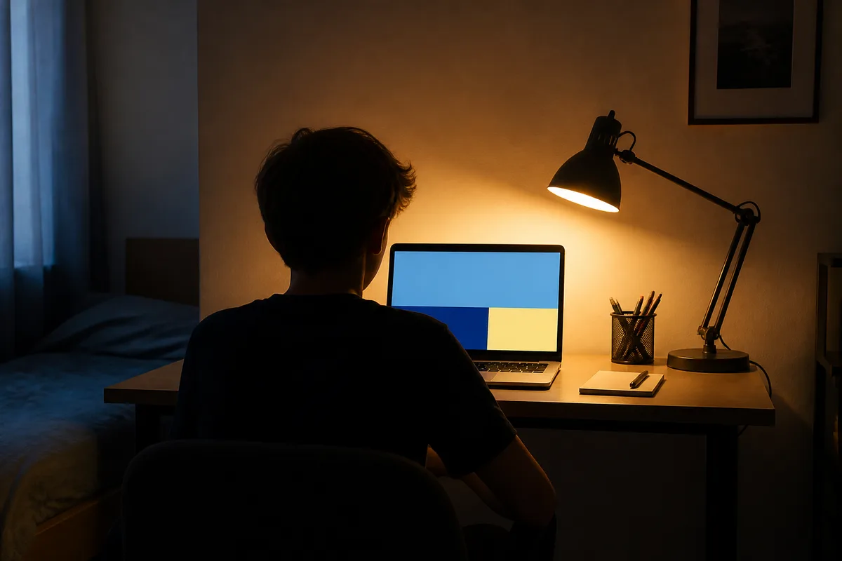 Silhouette d’un adolescent de dos devant un ordinateur portable, écran affichant des aplats de couleur, lampe de bureau allumée