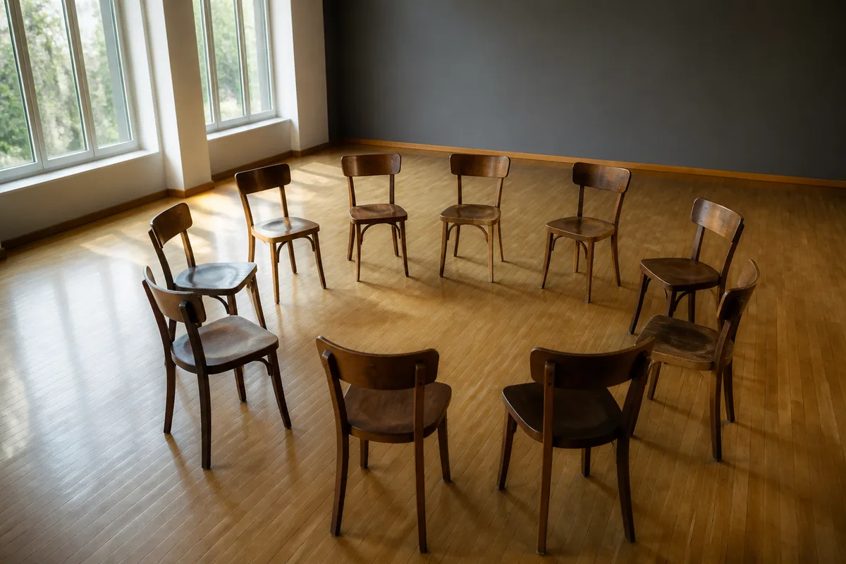 Chaises disposées en cercle dans une salle de répétition en parquet clair