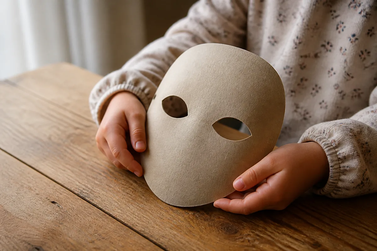 Mains d&rsquo;enfant manipulant un masque en carton neutre sur une table en bois