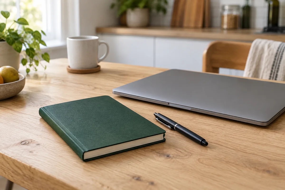 Carnet fermé et stylo posés près d’un ordinateur portable fermé sur une table de cuisine