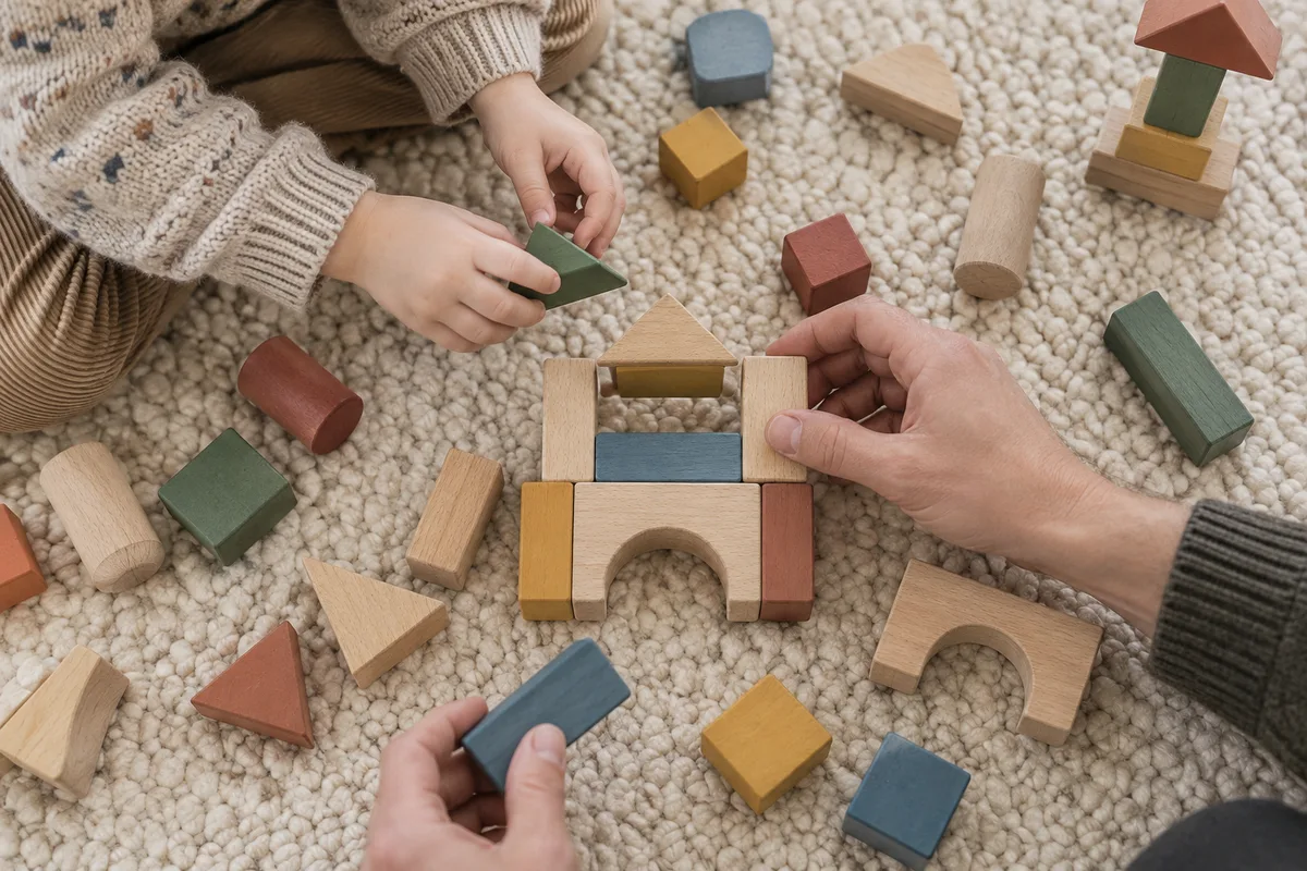 Mains d’un parent et d’un enfant assemblant un jeu de construction en bois sur un tapis