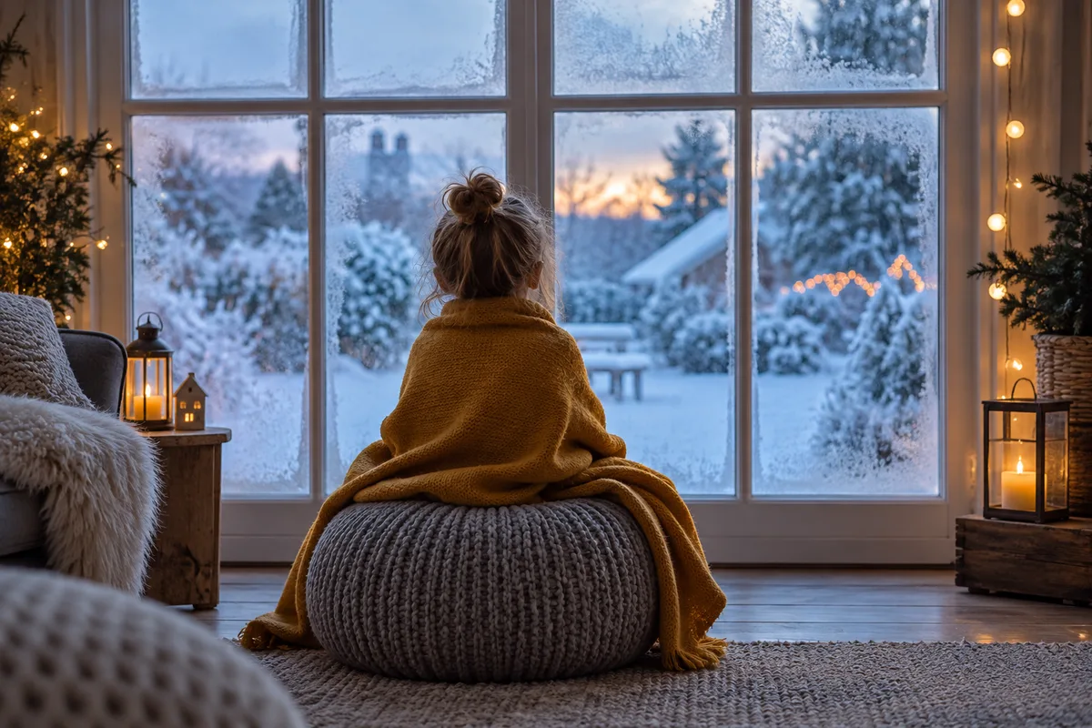 Enfant vu de dos assis sur un pouf devant une fenêtre givrée, un plaid sur les épaules