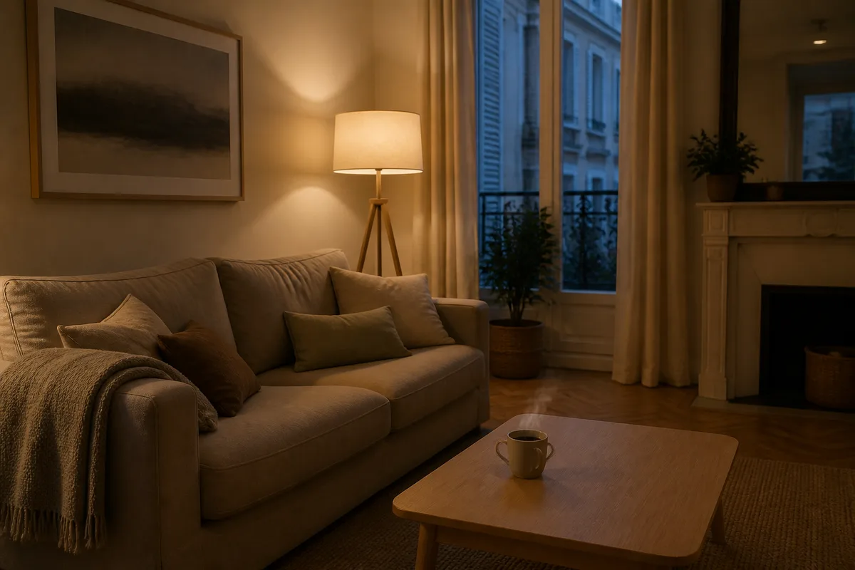 Salon familial français en début de soirée, canapé en lin beige, plaid replié sur l&rsquo;accoudoir, table basse en bois clair avec une tasse fumante, lumière chaude d&rsquo;une lampe de sol