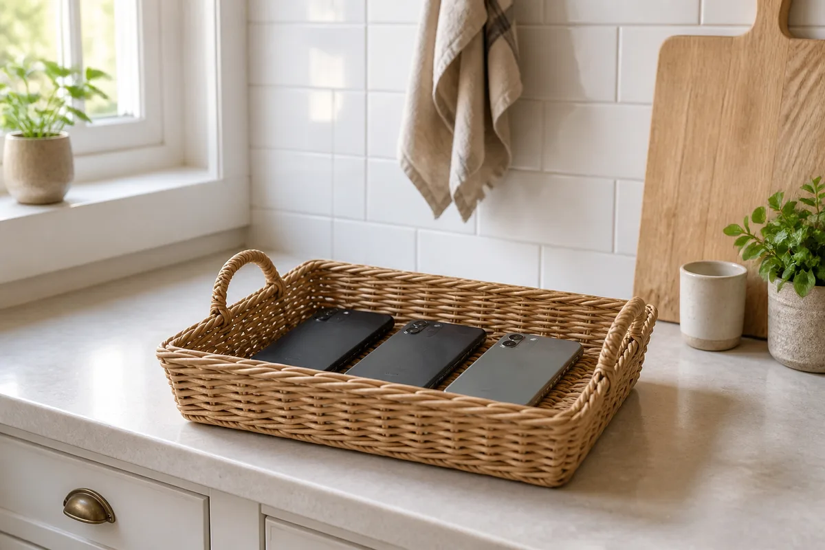 Cuisine française lumineuse, panier en osier posé sur le plan de travail avec trois téléphones rangés écran contre le fond, carrelage clair, lumière naturelle du matin