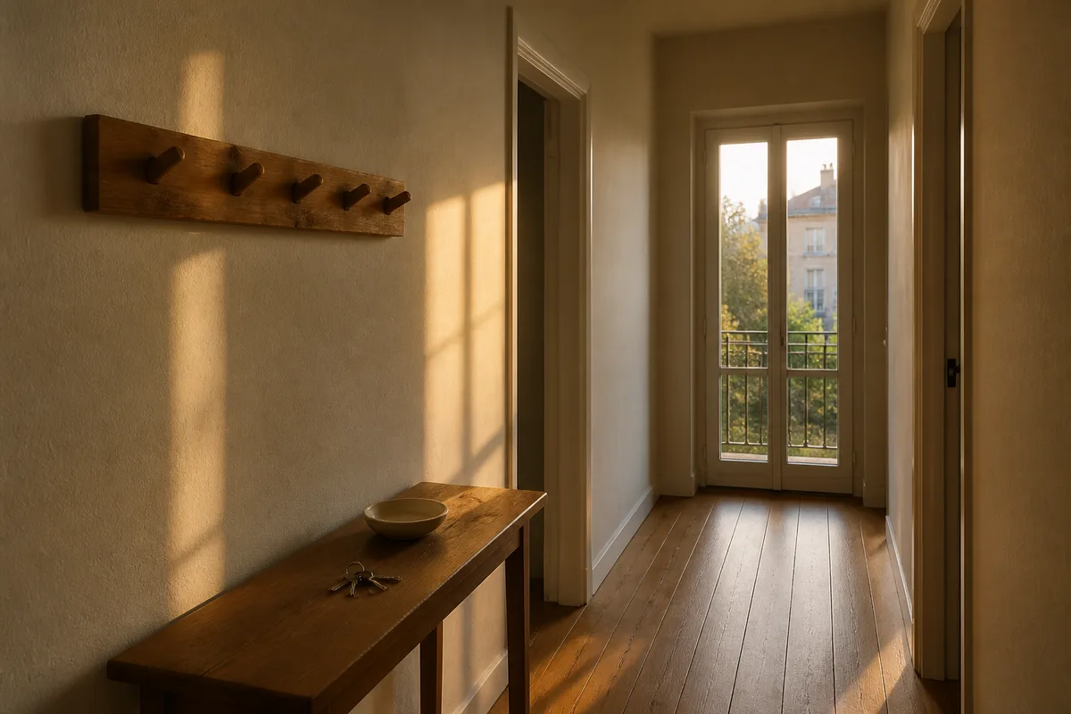 Entrée d&rsquo;un appartement français, patère en bois brut, vide-poche en céramique unie posé sur une console, lumière rasante de fin d&rsquo;après-midi