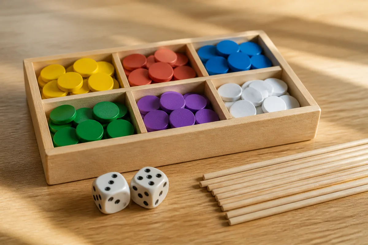 Table en bois clair avec des jetons colorés, des dés à points et une petite boîte à compartiments pour un jeu de calcul en famille