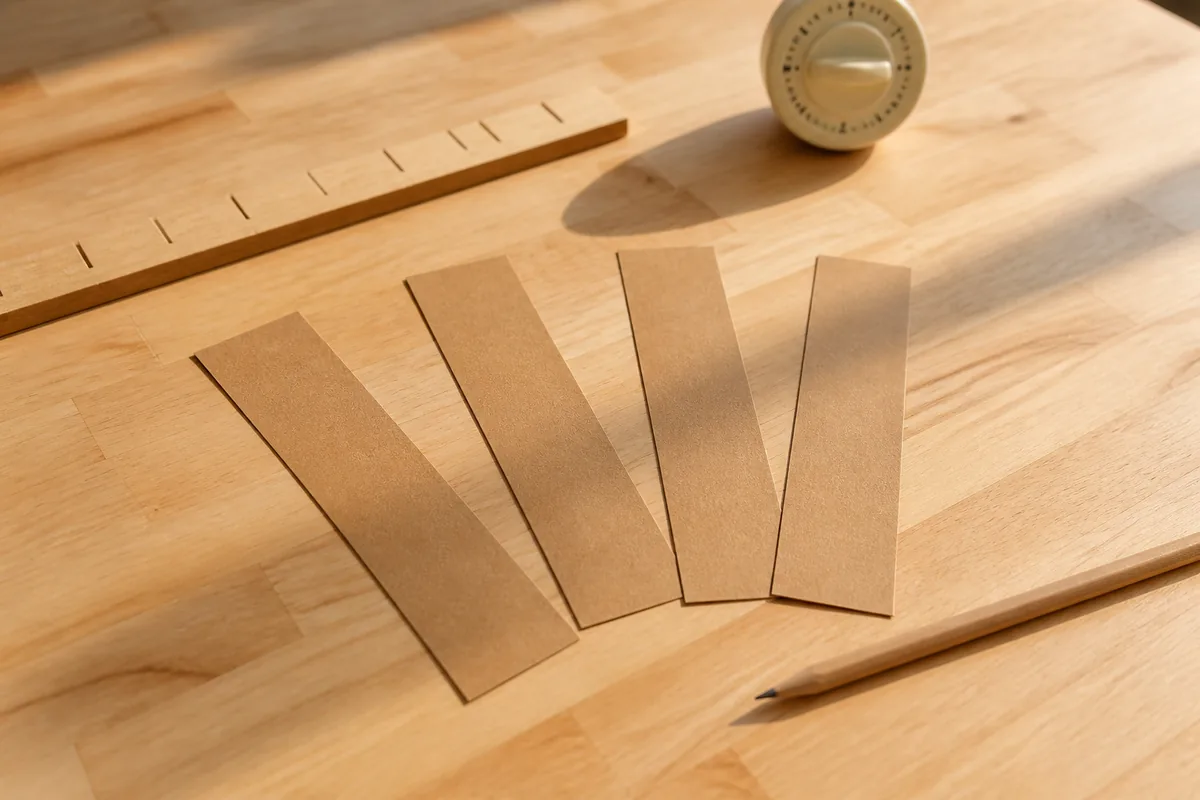 Réglette de bois graduée, bandes de papier découpées en parts égales et crayon posés sur un plan de travail en bois clair
