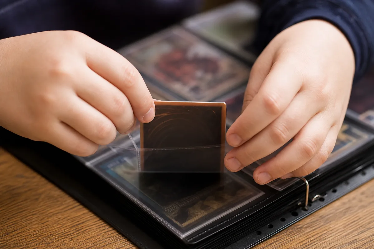 Mains d’enfant glissant une carte Pokémon dans la pochette d’un classeur ouvert sur une table