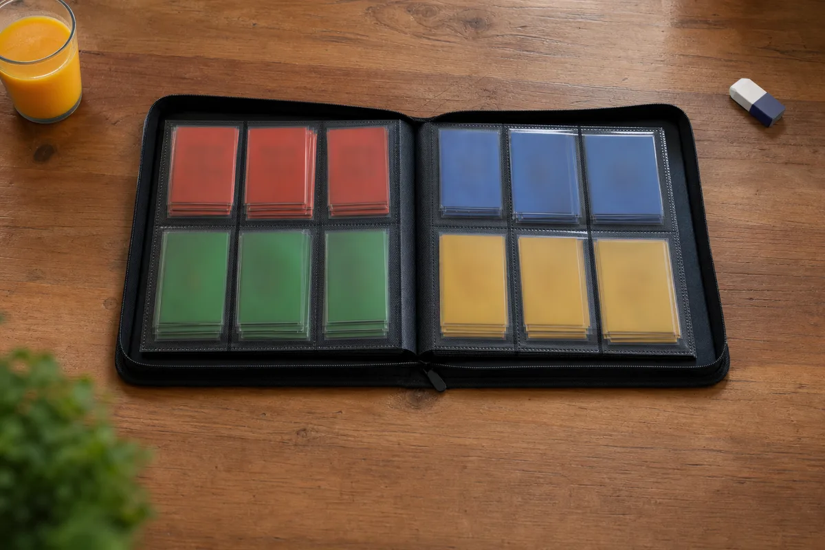 Classeur de cartes ouvert sur une table familiale avec des piles de cartes triées par couleur