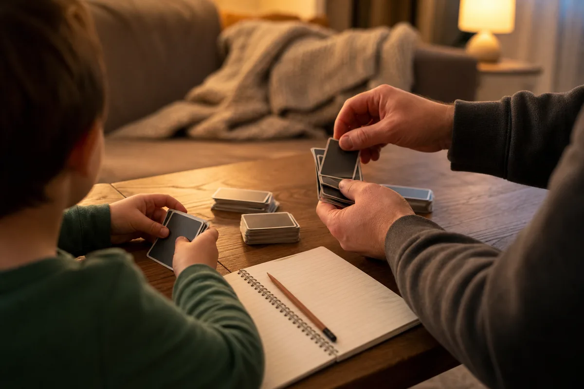Parent et enfant assis côte à côte comptant des cartes à collectionner posées en piles sur la table du salon