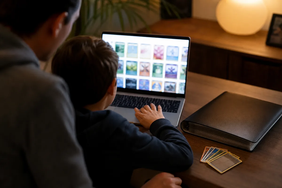 Enfant et adulte regardant ensemble un ordinateur portable posé près d’un classeur de cartes sur un bureau