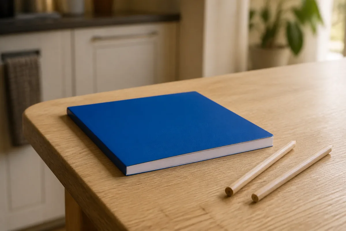 Cahier d&rsquo;écolier fermé et deux crayons de bois posés sur le coin d&rsquo;une table de cuisine