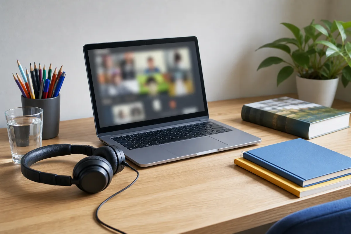 Bureau de travail à la maison avec ordinateur portable, cahiers et casque audio prêts pour un cours en visio