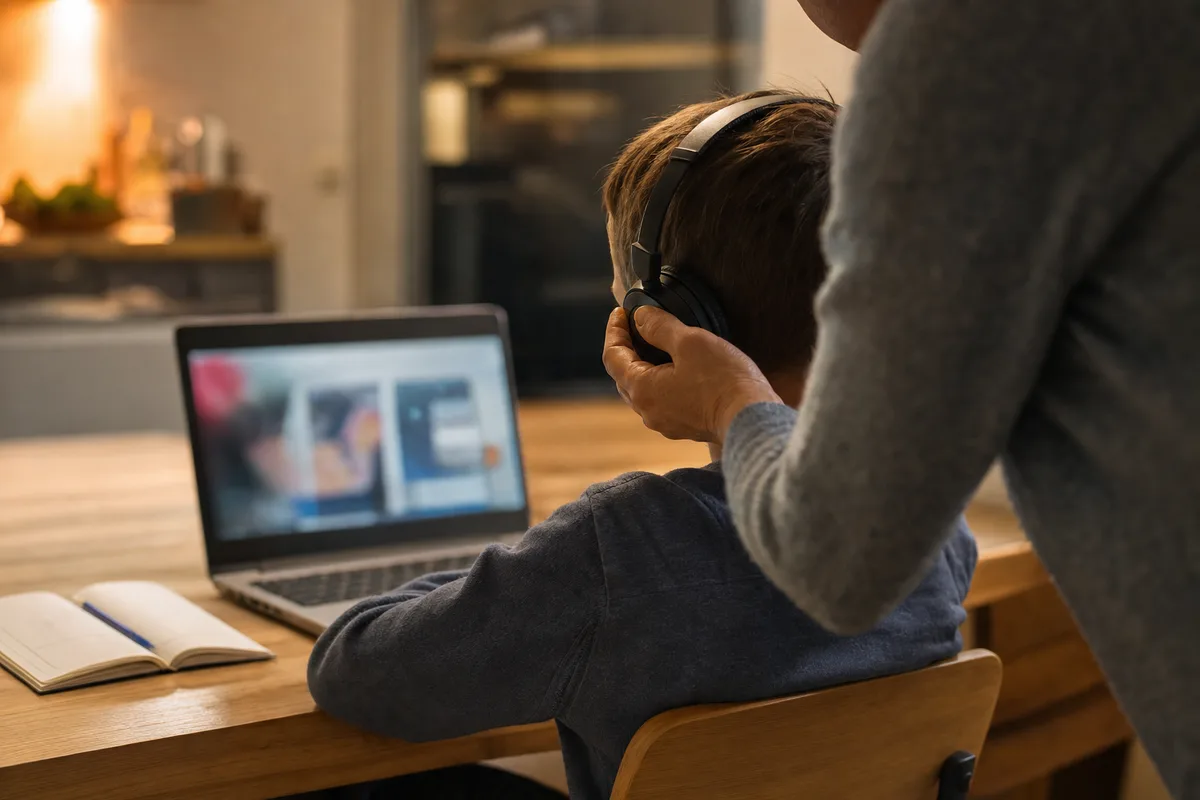 Parent aidant son enfant à s’installer devant un ordinateur portable pour une séance de cours en ligne