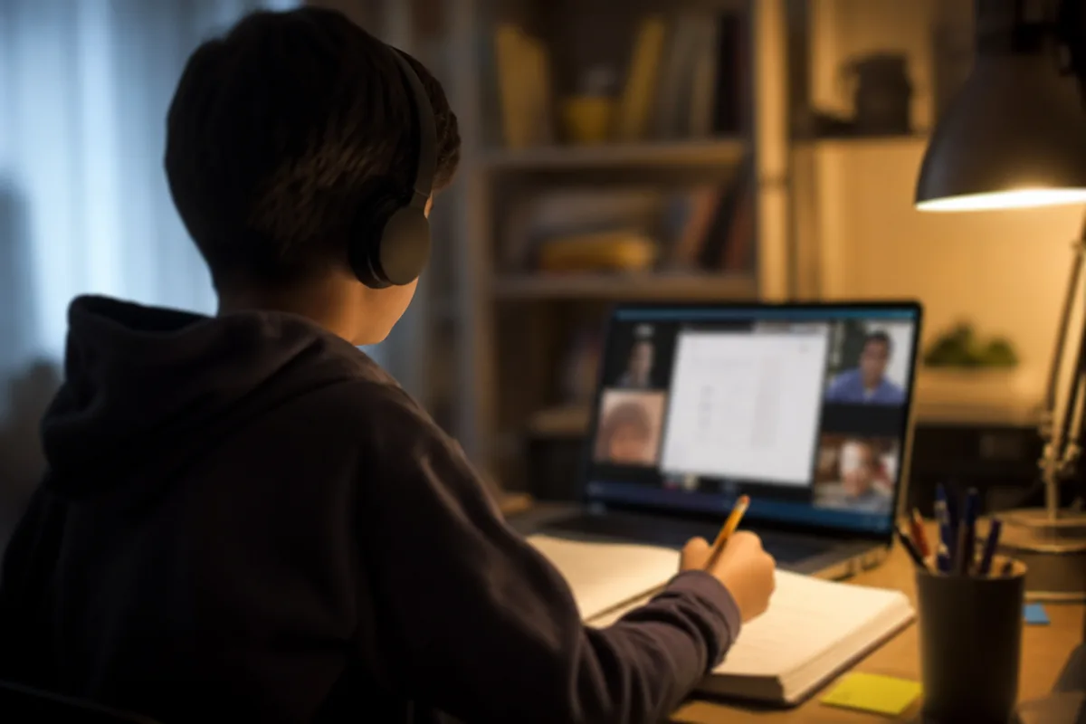Collégien concentré avec un casque audio prenant des notes pendant un cours particulier en visioconférence