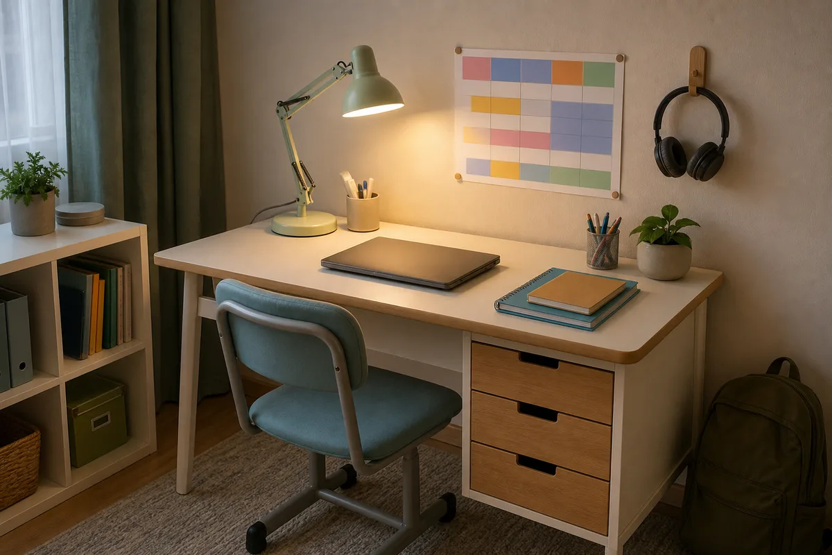 Espace de travail d’écolier bien rangé à la maison avec lampe, cahiers et ordinateur pour le soutien scolaire à distance
