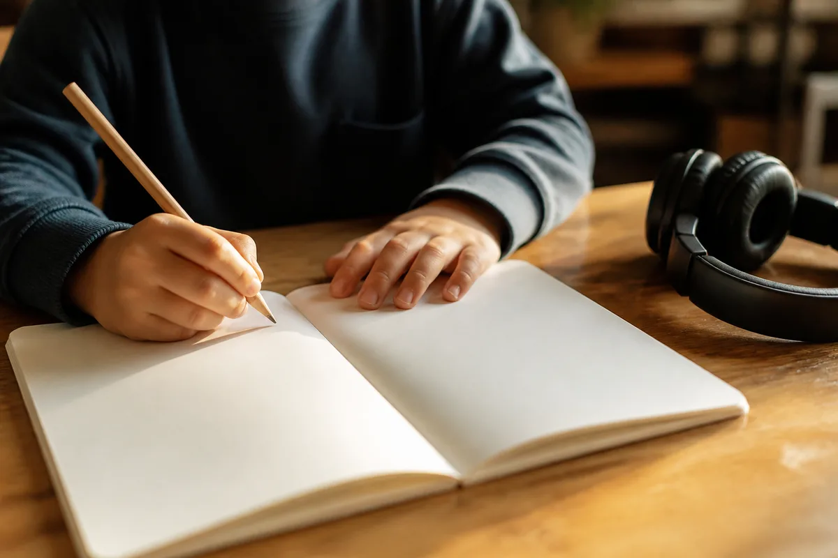 Mains d’enfant écrivant au crayon sur un cahier ouvert, casque audio posé à côté sur la table