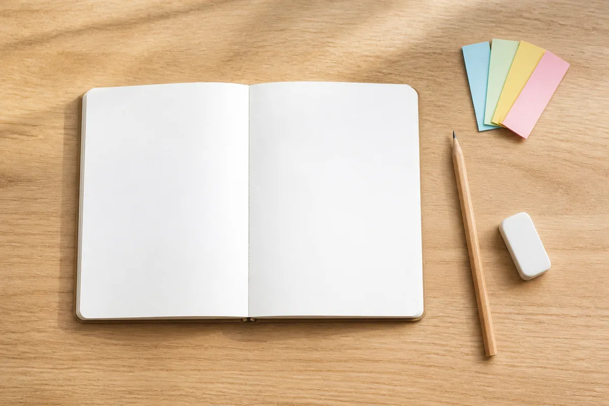 Cahier ouvert aux pages vierges, crayon de bois et étiquettes de couleur posés sur un bureau en bois clair