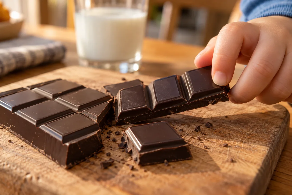 Tablette de chocolat cassée en carrés réguliers sur une planche en bois, support d’un jeu de fractions au goûter