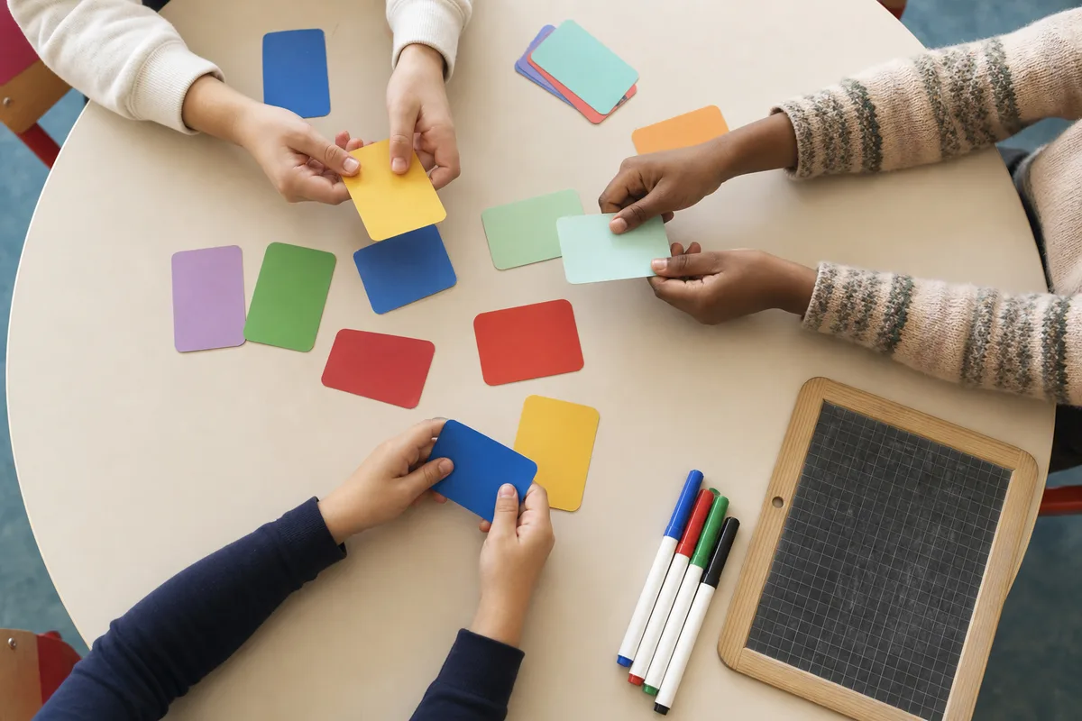 Enfants manipulant un jeu de cartes éducatif autour d’une table en classe