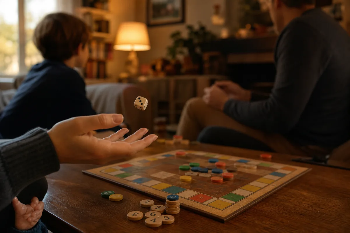 Parent et enfant jouant à un jeu de plateau de mathématiques à la maison