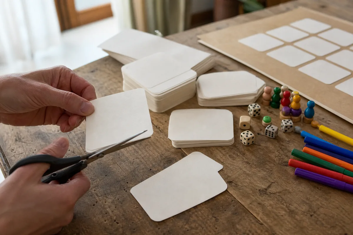 Matériel de création d’un jeu de société artisanal, cartes découpées et dés sur un bureau