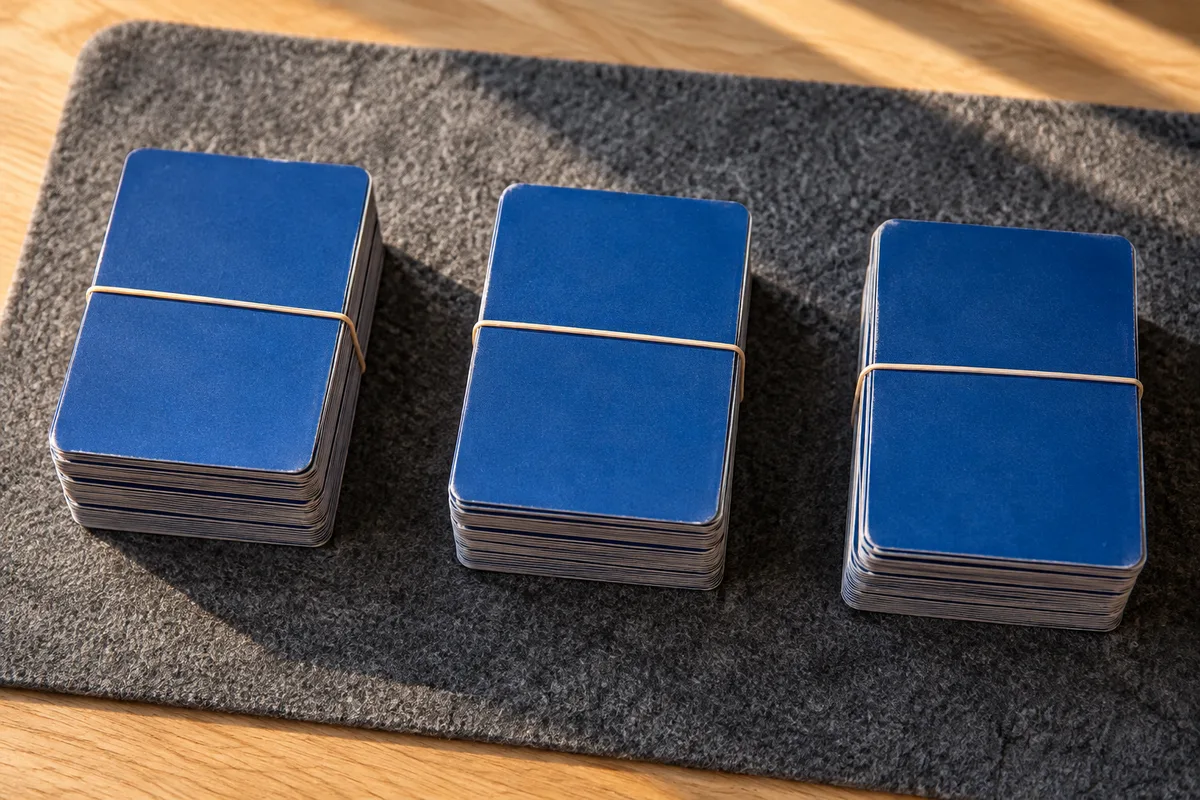 Trois piles de cartes à collectionner posées de dos sur un tapis de feutre gris, prêtes pour une partie en famille