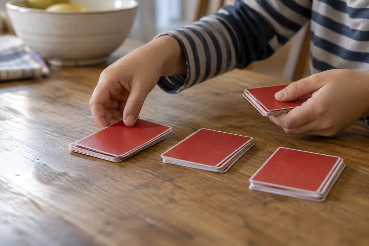 Mains d&rsquo;un enfant qui répartissent des cartes à collectionner de dos en petits tas sur une table de cuisine