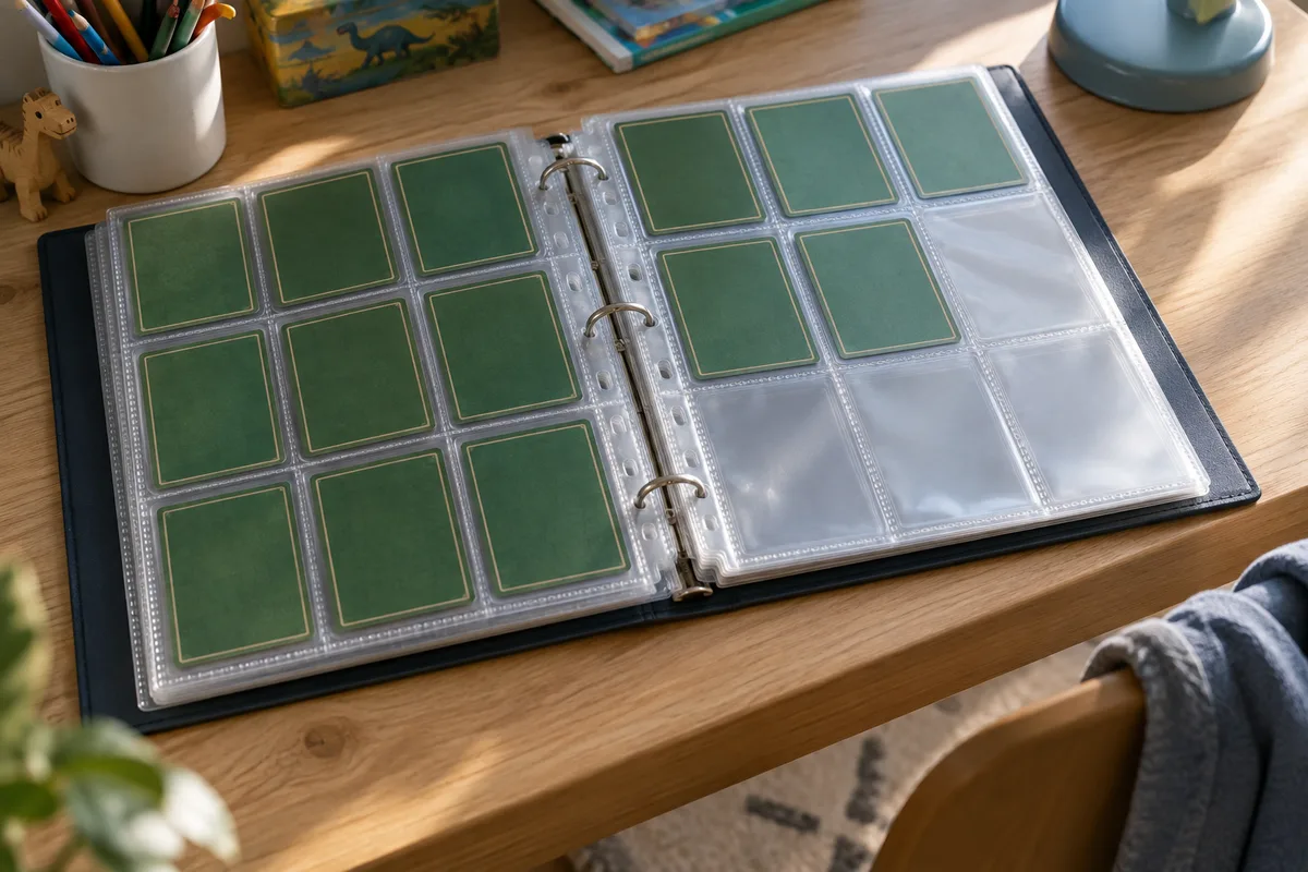 Classeur ouvert à pochettes transparentes garni de cartes à collectionner rangées de dos sur un bureau d&rsquo;enfant