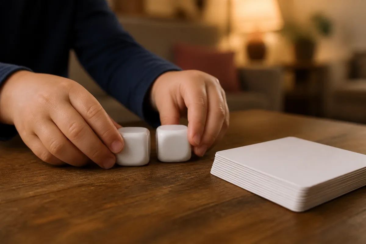 Jeu de cartes étalé et deux dés posés sur une table en bois pour un entraînement au calcul mental en CM1