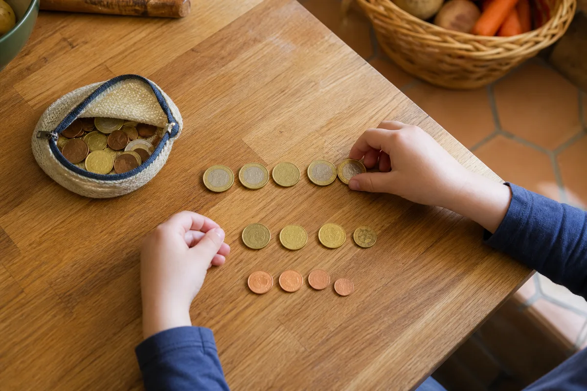 Mains d&rsquo;enfant qui trient des pièces de monnaie sur un plan de travail de cuisine pendant un jeu de calcul