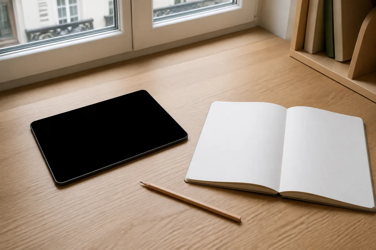 Tablette éteinte posée près d&rsquo;un carnet vierge et d&rsquo;un crayon sur un bureau d&rsquo;enfant éclairé par une fenêtre